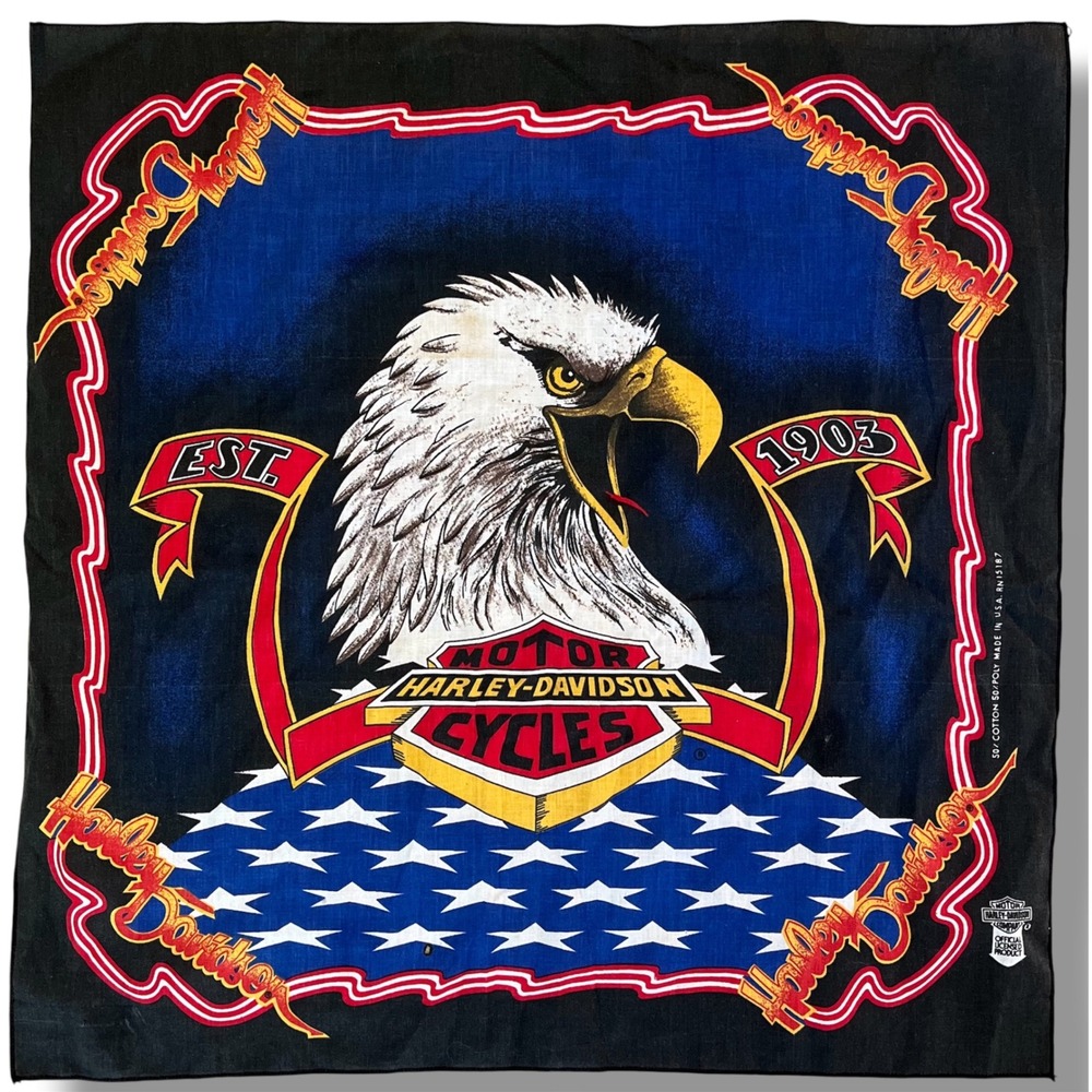 Vintage Harley-Davidson Bandana Eagle Stars Biker Scarf Black Blue Made in USA